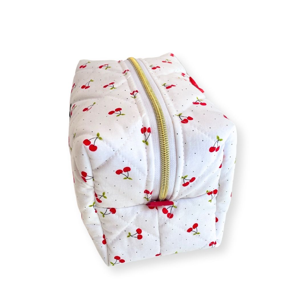 Cherries on White Quilted Travel Pouch
