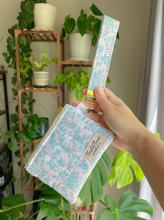 Cottage Core Light Aqua Toile Wristlet