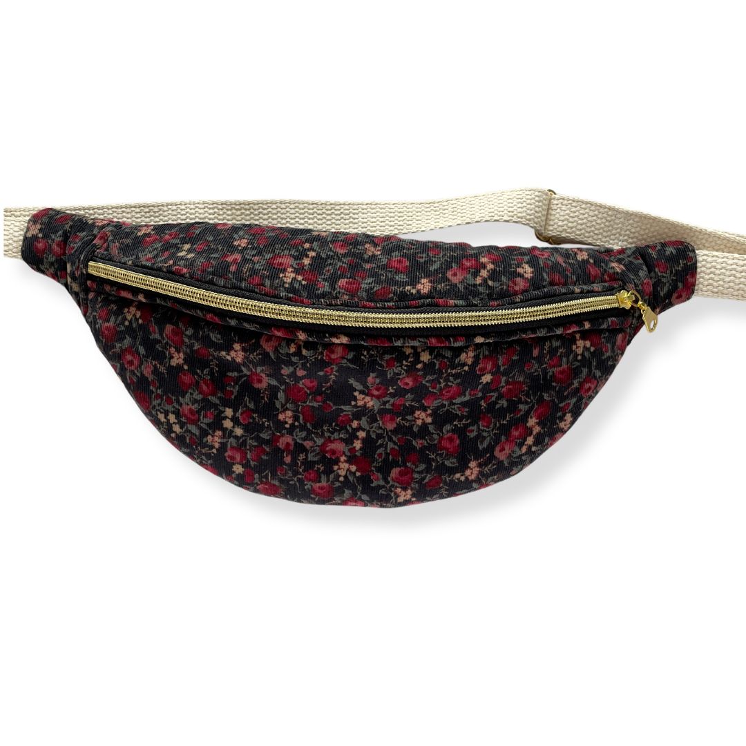 Black Floral Corduroy Belt Bag