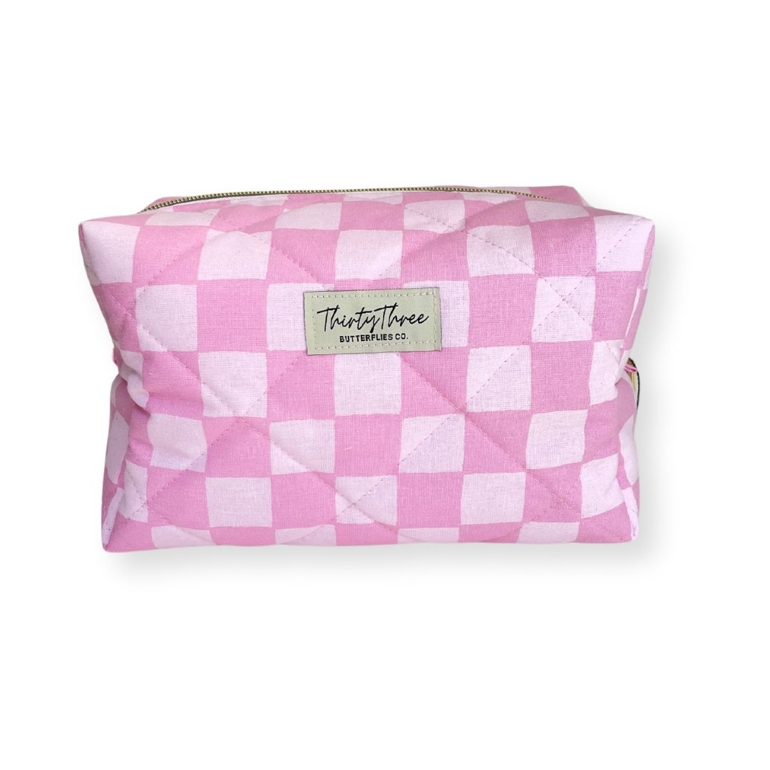 Pink Checkered Quilted Travel Pouch