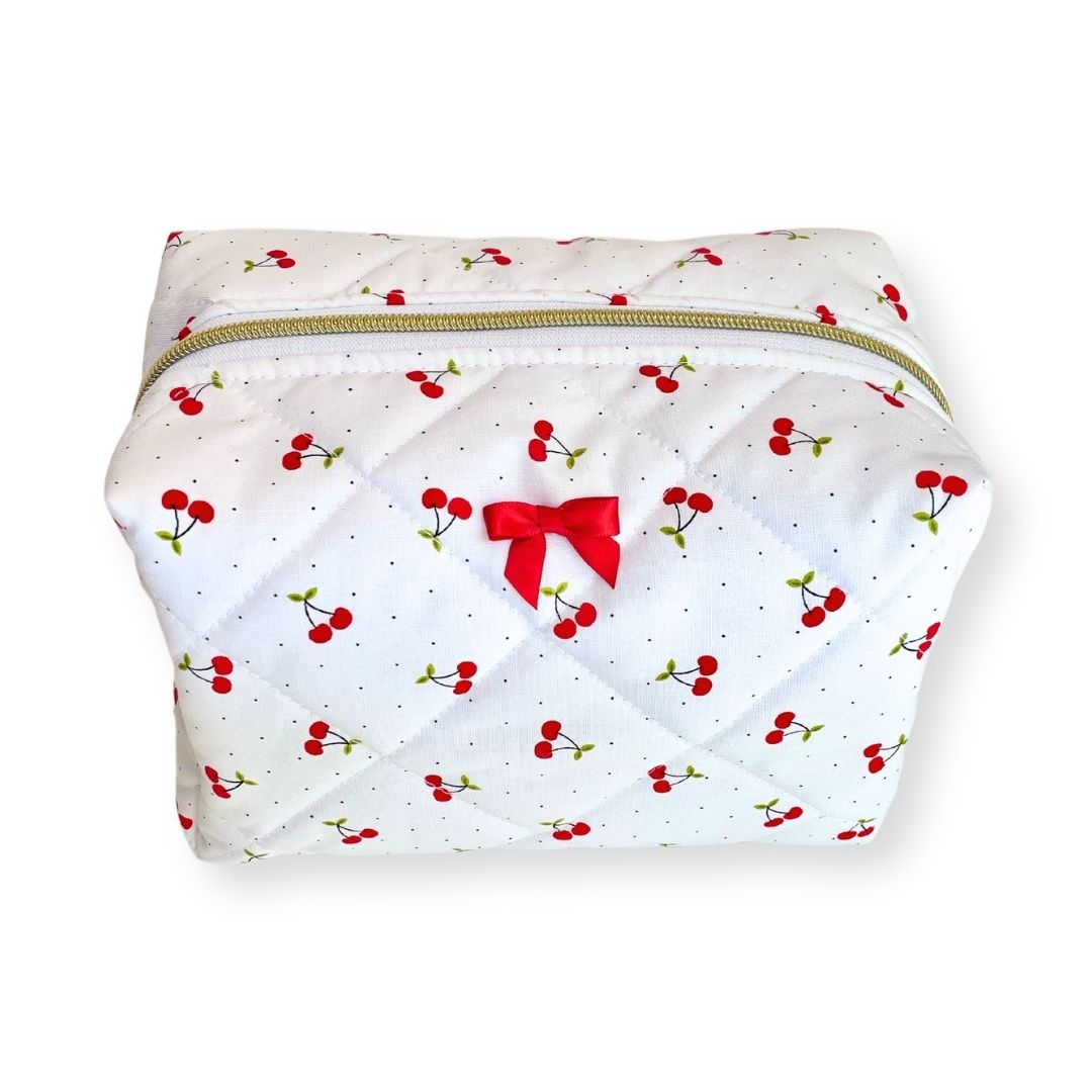 Cherries on White Quilted Travel Pouch