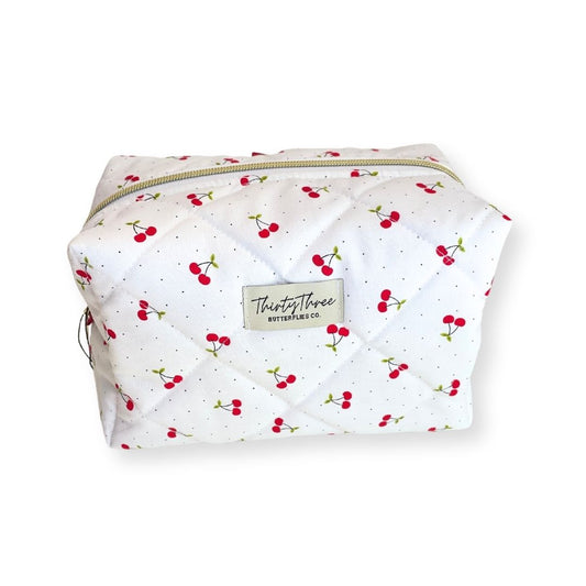 Cherries on White Quilted Travel Pouch