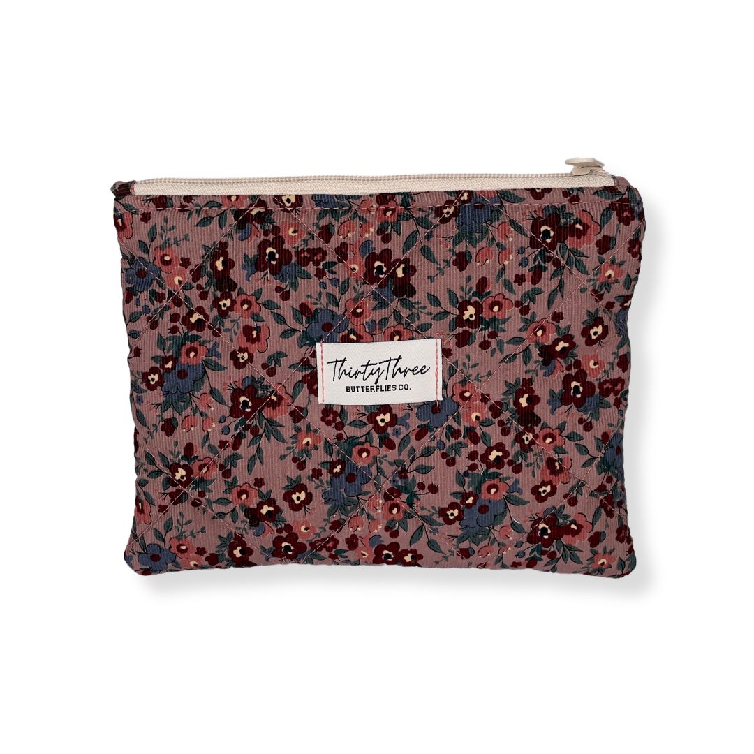 Quilted Mauve Floral Corduroy Zipper Pouch