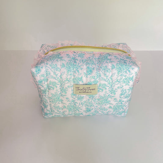 Cottage Core Light Aqua Toile Travel Pouch