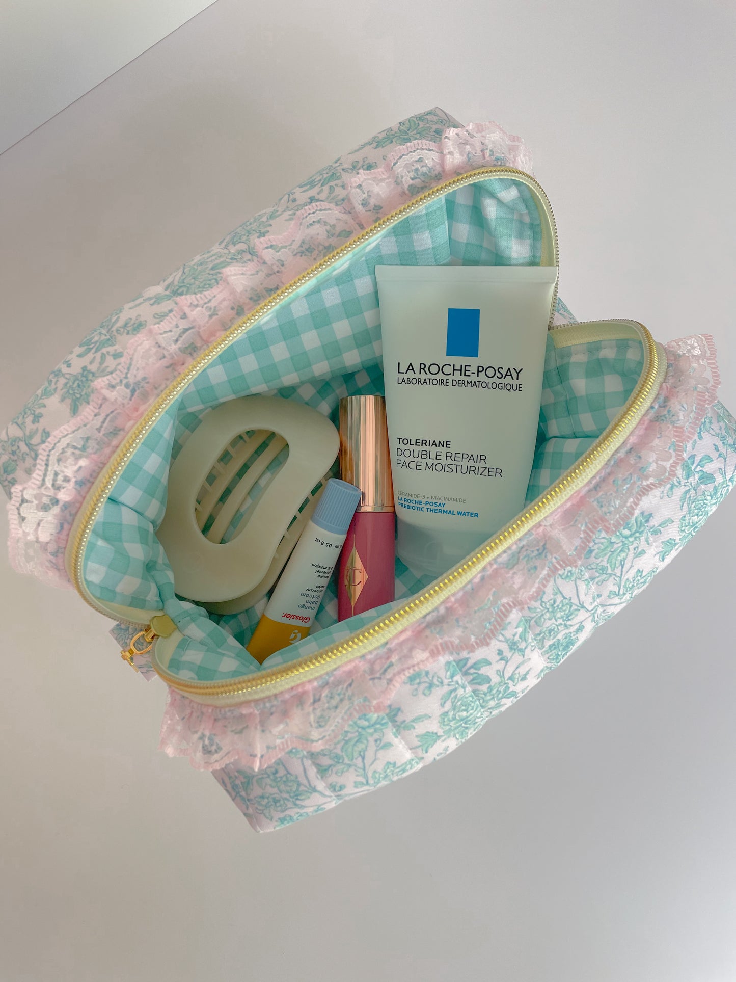Cottage Core Light Aqua Toile Travel Pouch