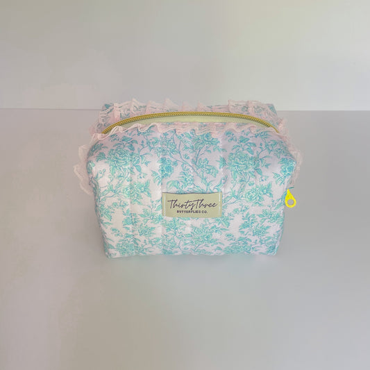Cottage Core Light Aqua Toile Small Travel Pouch