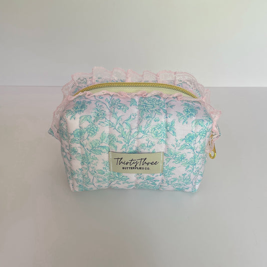 Cottage Core Light Aqua Toile Mini Travel Pouch
