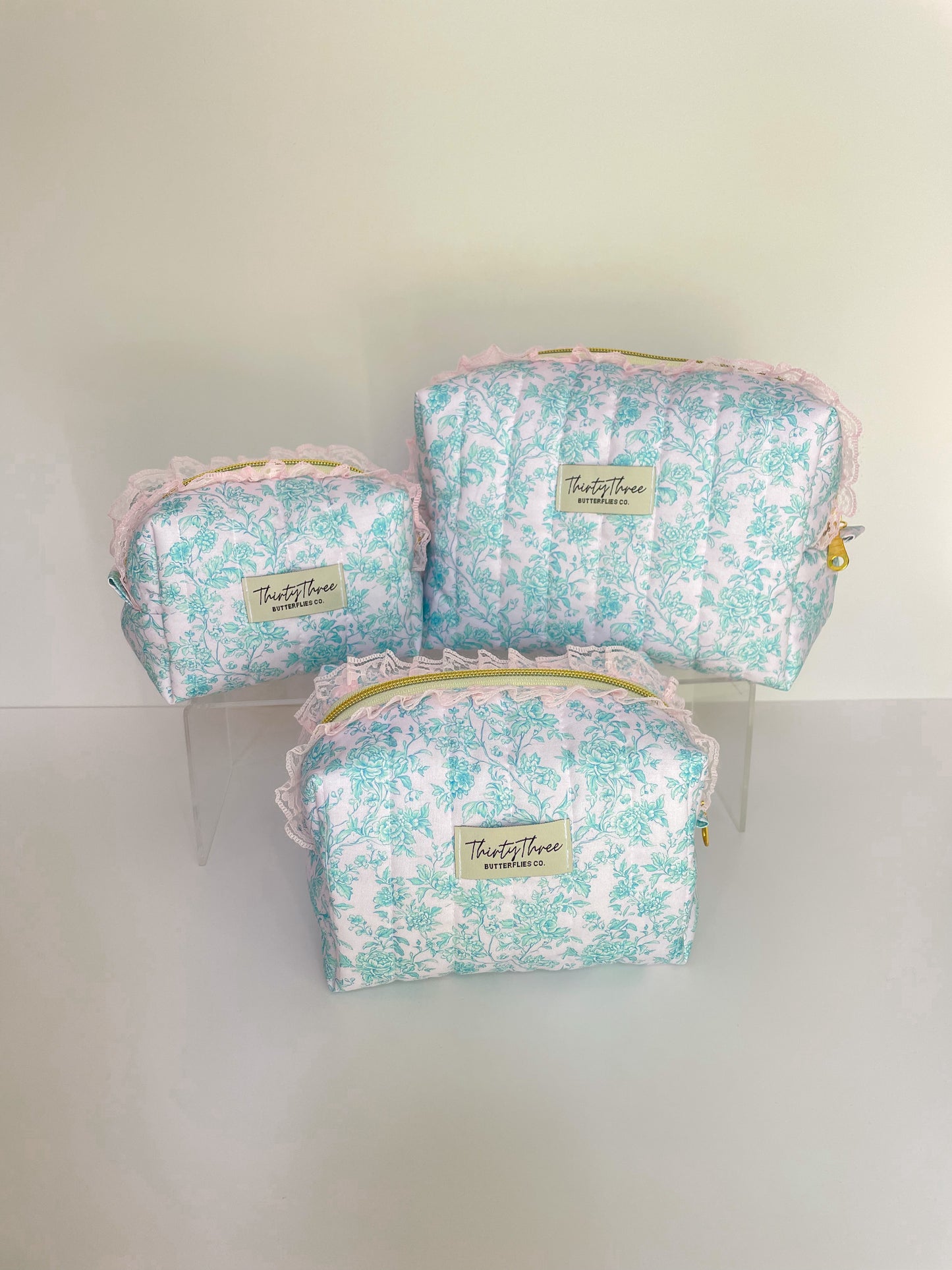 Cottage Core Light Aqua Toile Small Travel Pouch